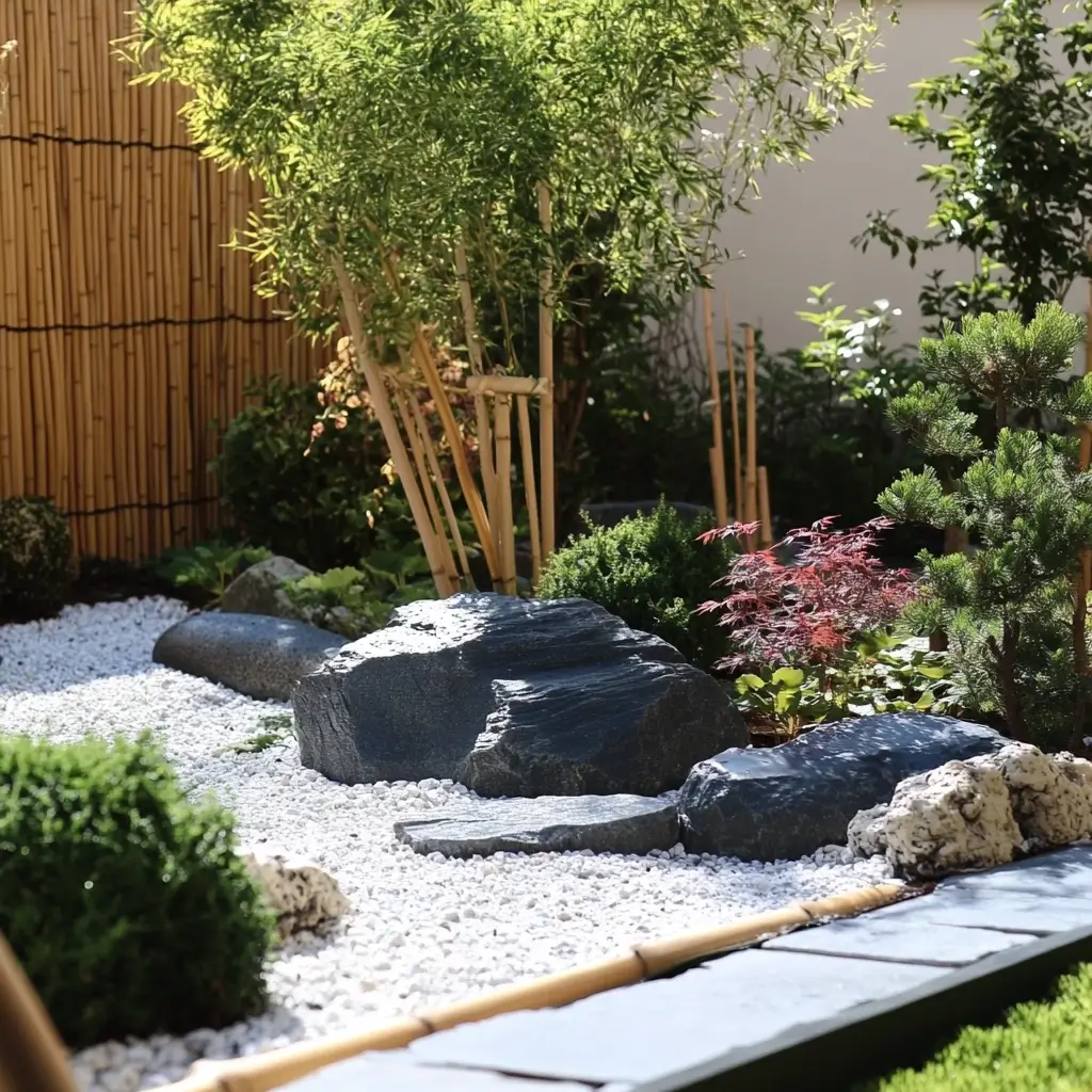 Jardin japonais, bambou, galet, rocher, végétation.