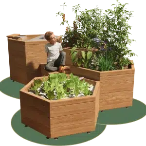 Système aquaponique en bois avec un garçon qui lit sur un banc en bois