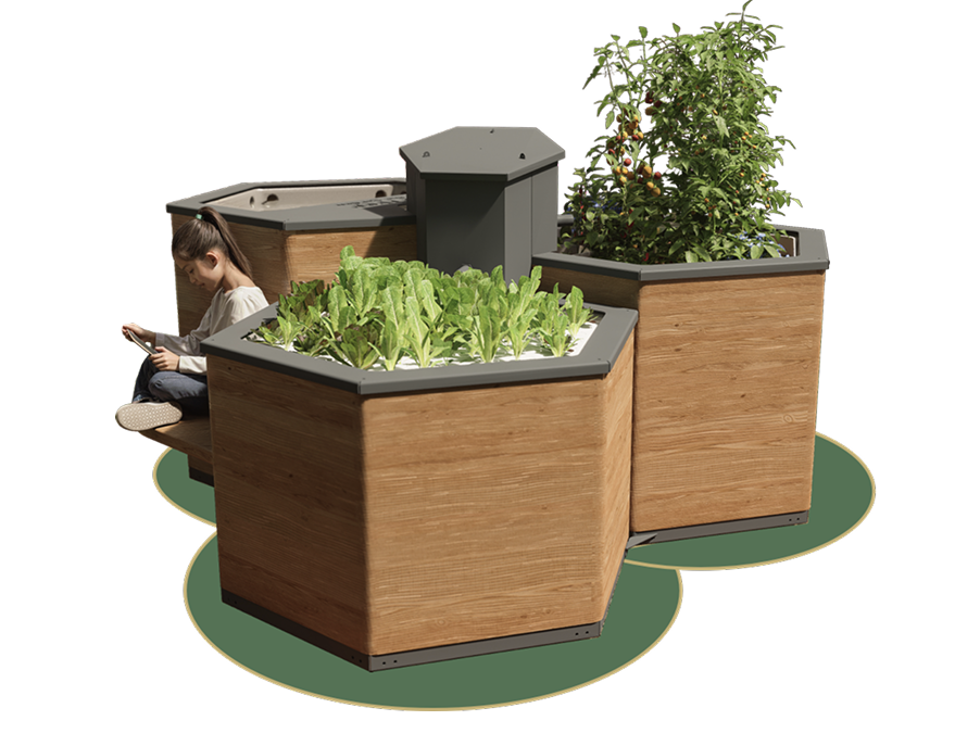 système aquaponie accessible en bois avec un enfant qui lit au-dessus