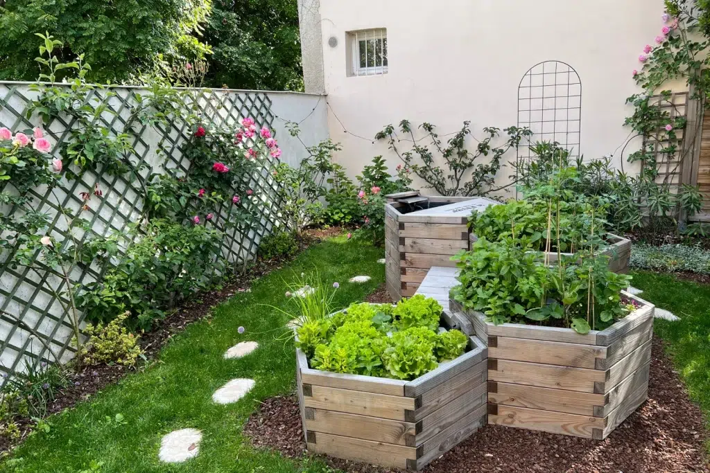 Structures en bois avec plantations dans un jardin.