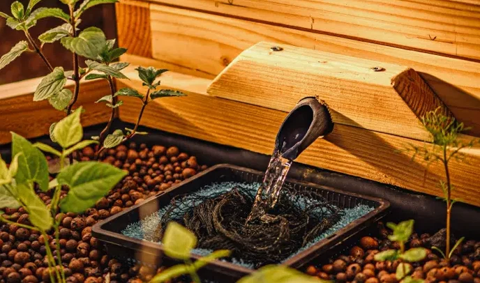 Fontaine d'eau sui sort d'un module en bois et qui tombe en cascade