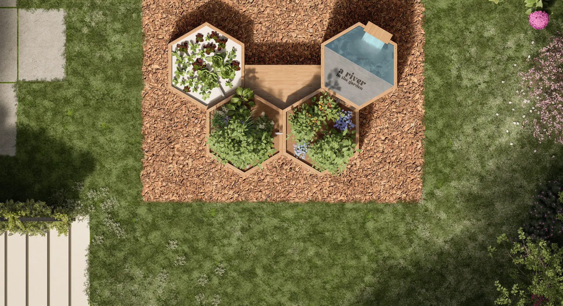 système aquaponie en bois vu de haut dans un jardin