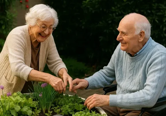 deux personnes âgées qui sont autour d'un jardin potager thérapeutique