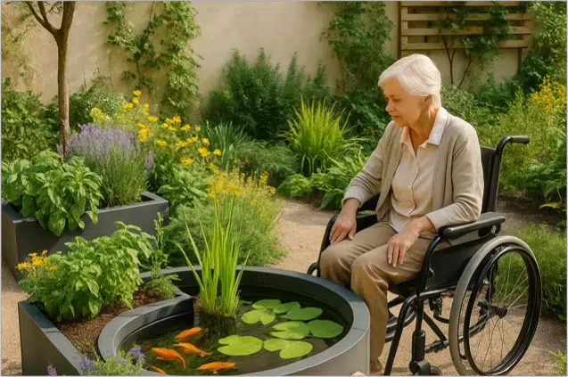 personne âgée en fauteuil roulant autour d'un système a river in the garden