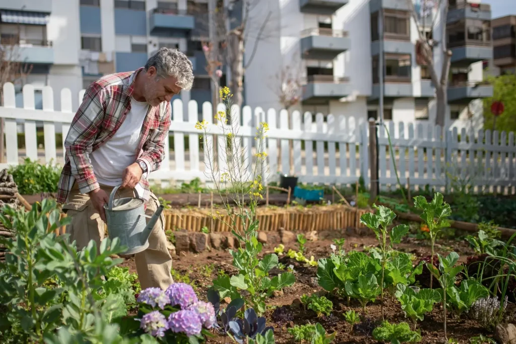 Homme arroser son plan de potager pour débutant