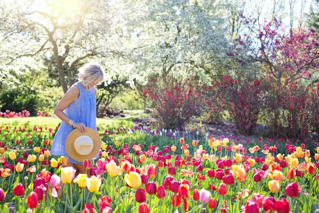Dame avec une robe bleu et chapeau dans la main, marchant dans un champ de fleurs