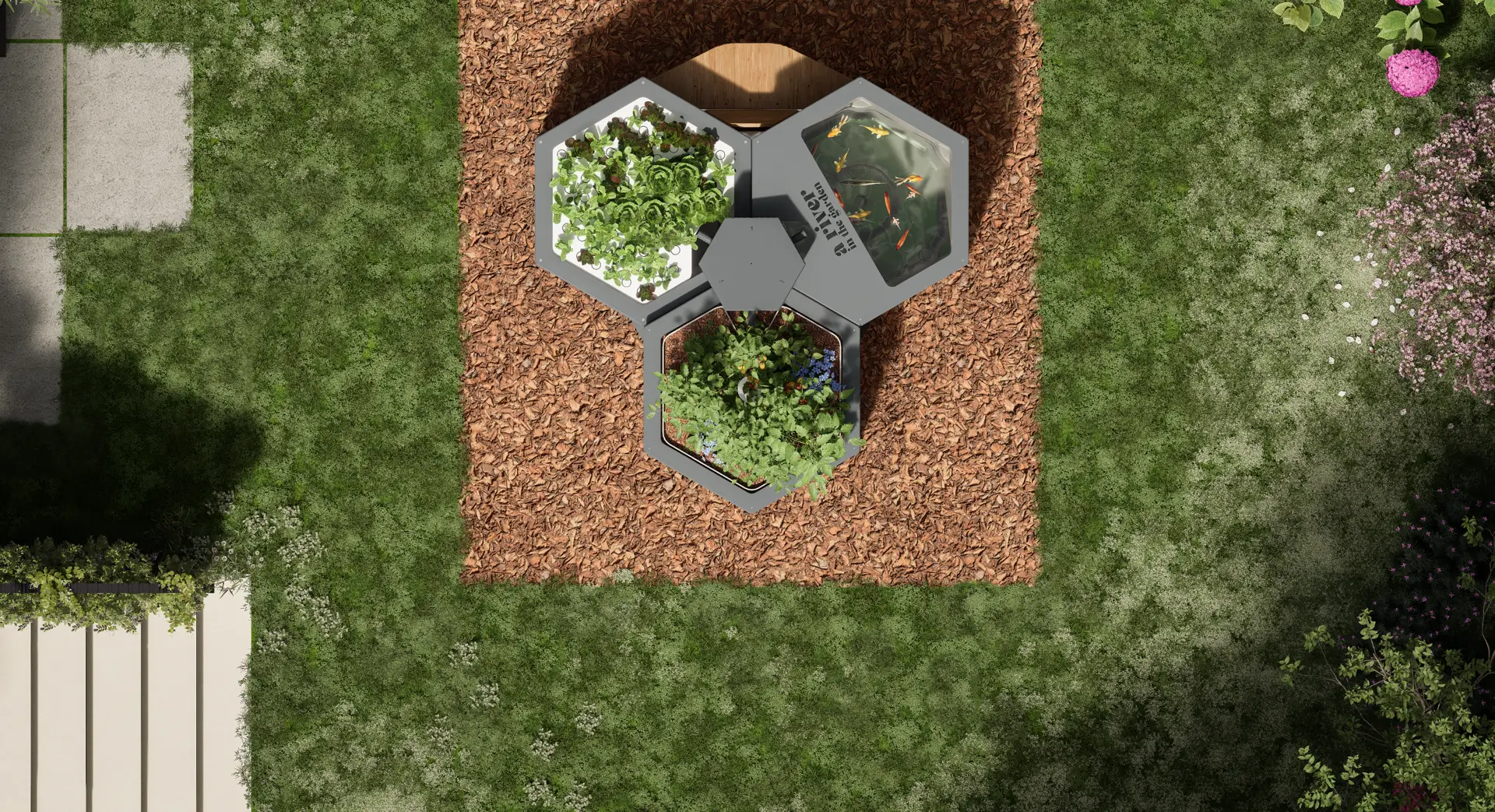 Potager d'entreprise en bois avec poissons